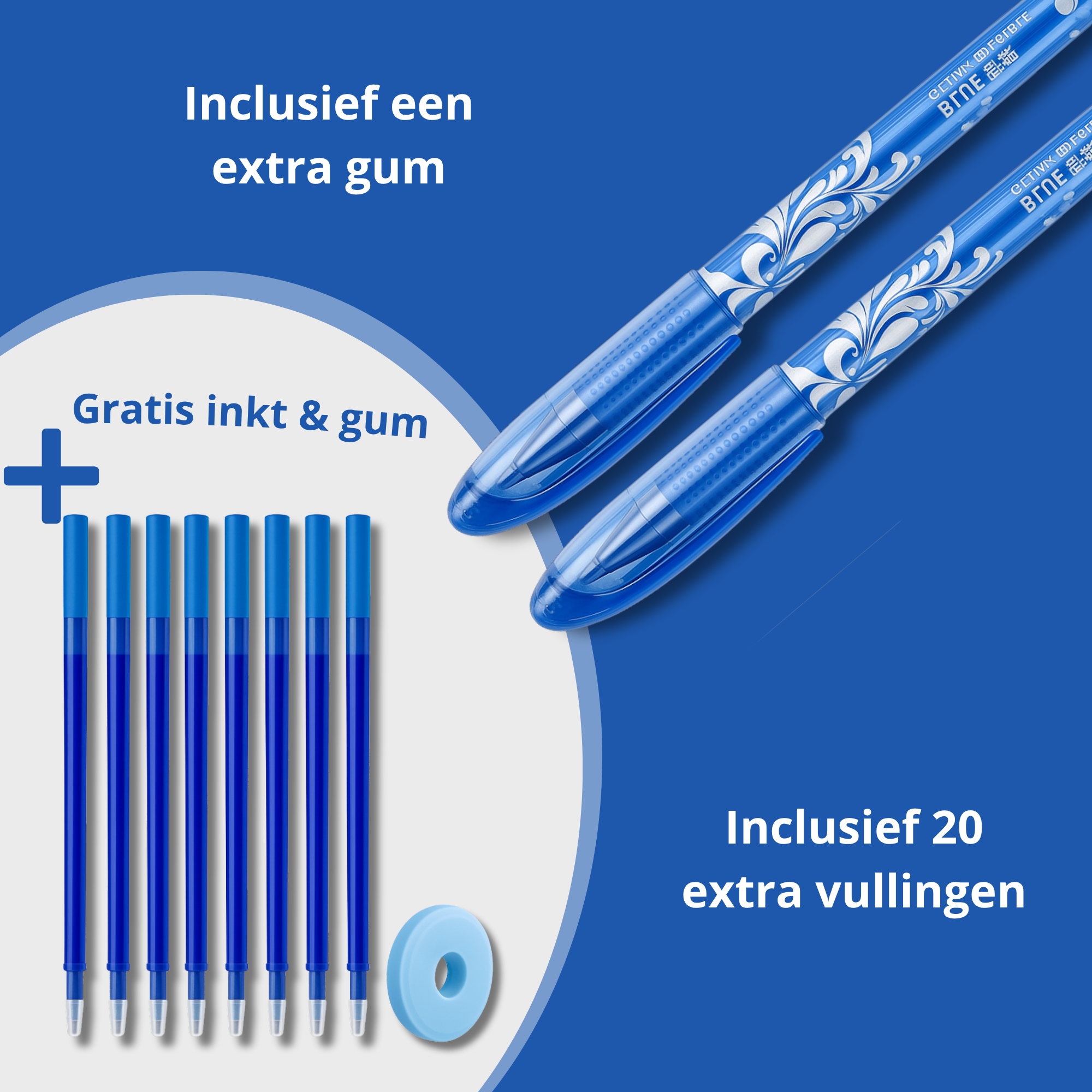 Uitwisbare Pen - 2st, Incl. 20 Vullingen & 1 Gum